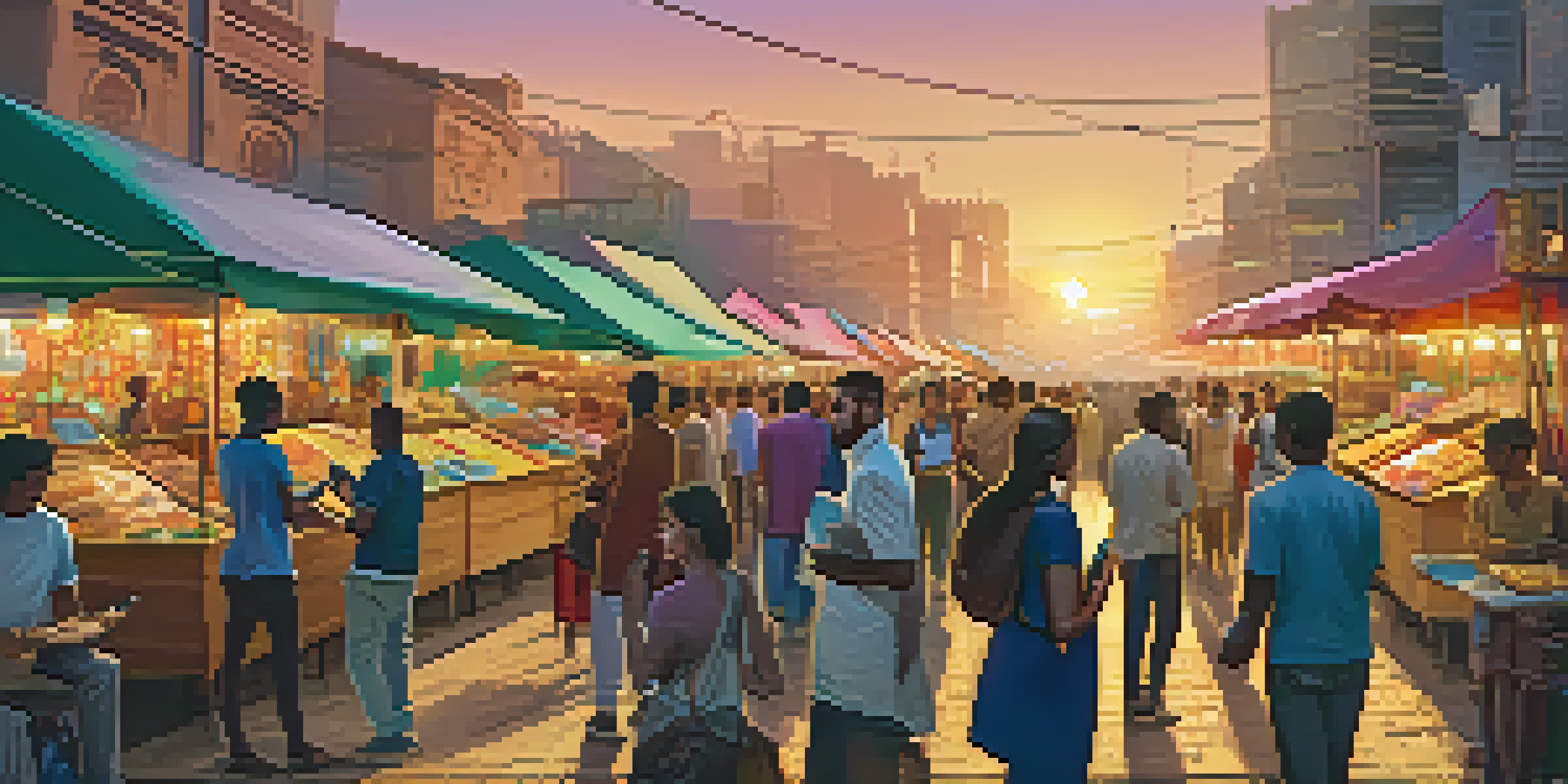 A lively city scene with people using smartphones, surrounded by colorful market stalls and a sunset.