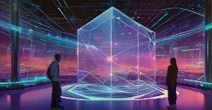 A futuristic digital landscape featuring an Ethereum blockchain interface with holographic nodes and glowing connections, depicting digital identities and a user interacting with a digital wallet.