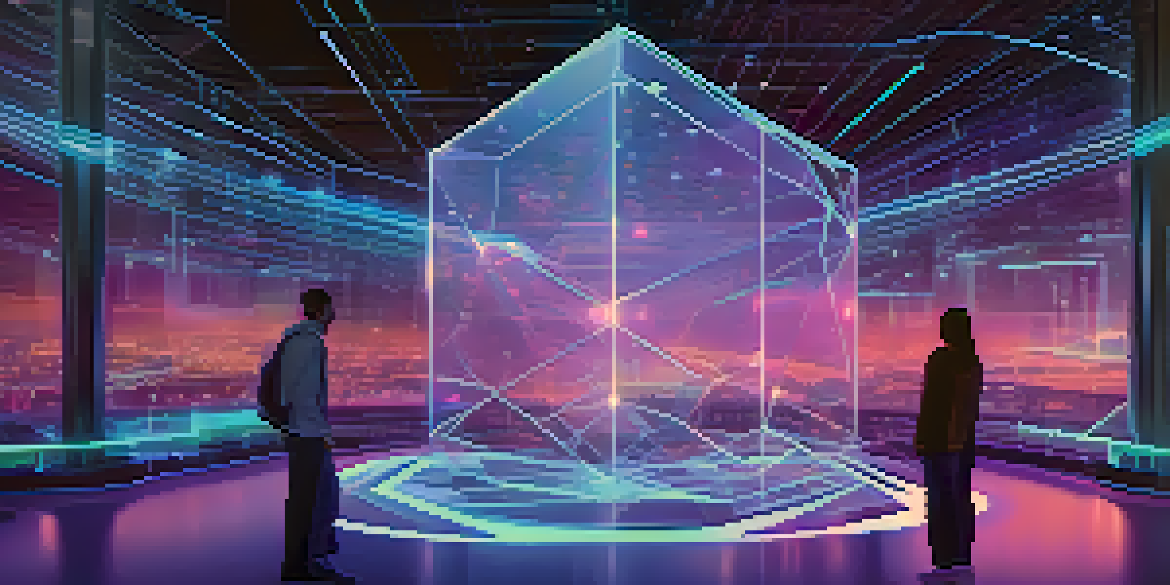 A futuristic digital landscape featuring an Ethereum blockchain interface with holographic nodes and glowing connections, depicting digital identities and a user interacting with a digital wallet.