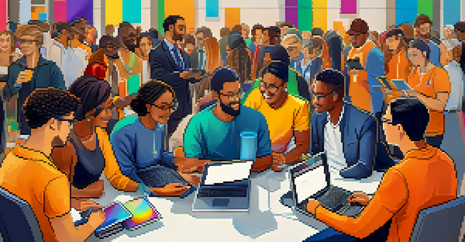A community event with diverse individuals discussing blockchain, using laptops and tablets in a vibrant atmosphere.