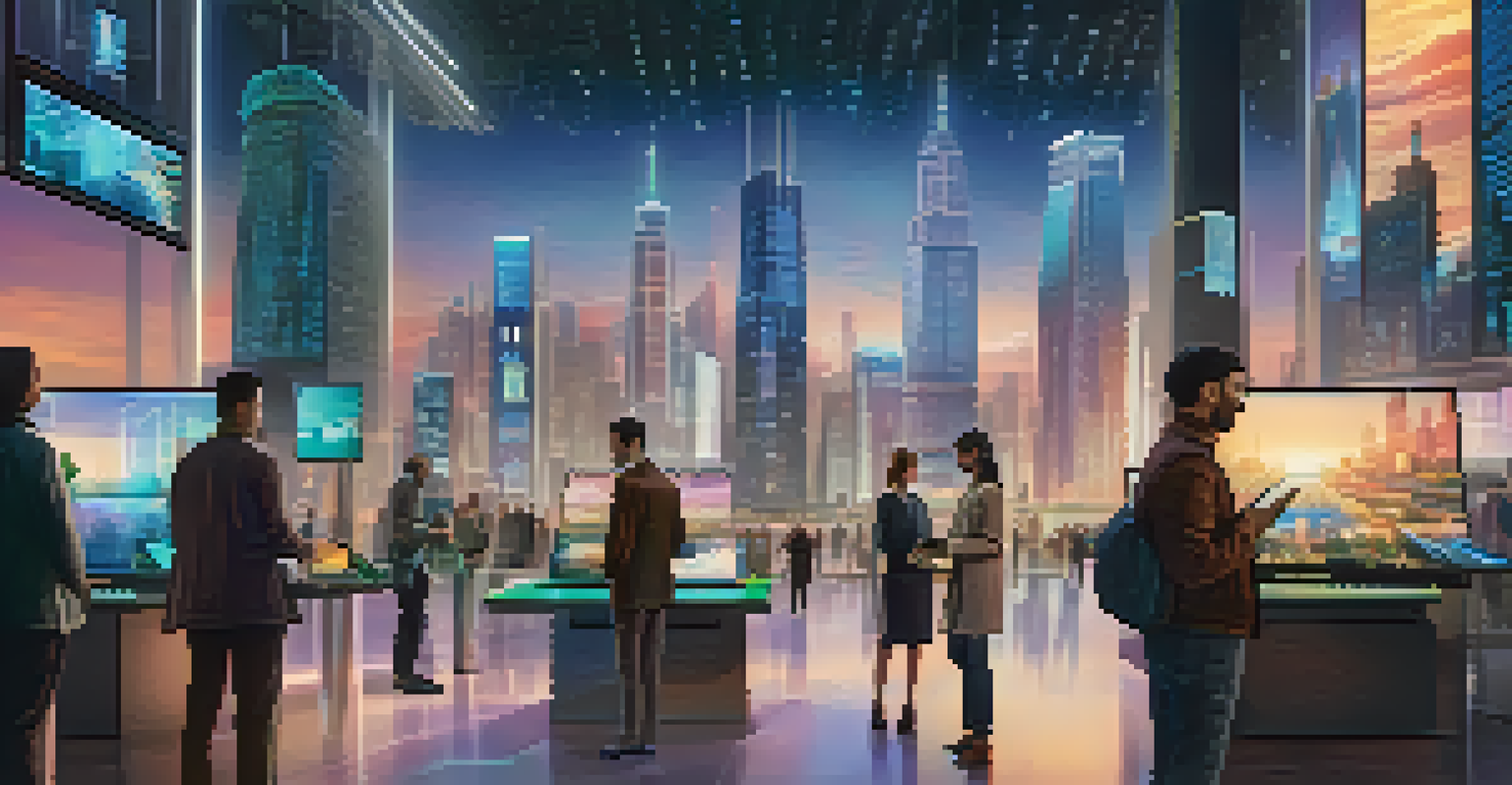 A futuristic city where people are using digital devices, surrounded by holographic displays of digital currencies.