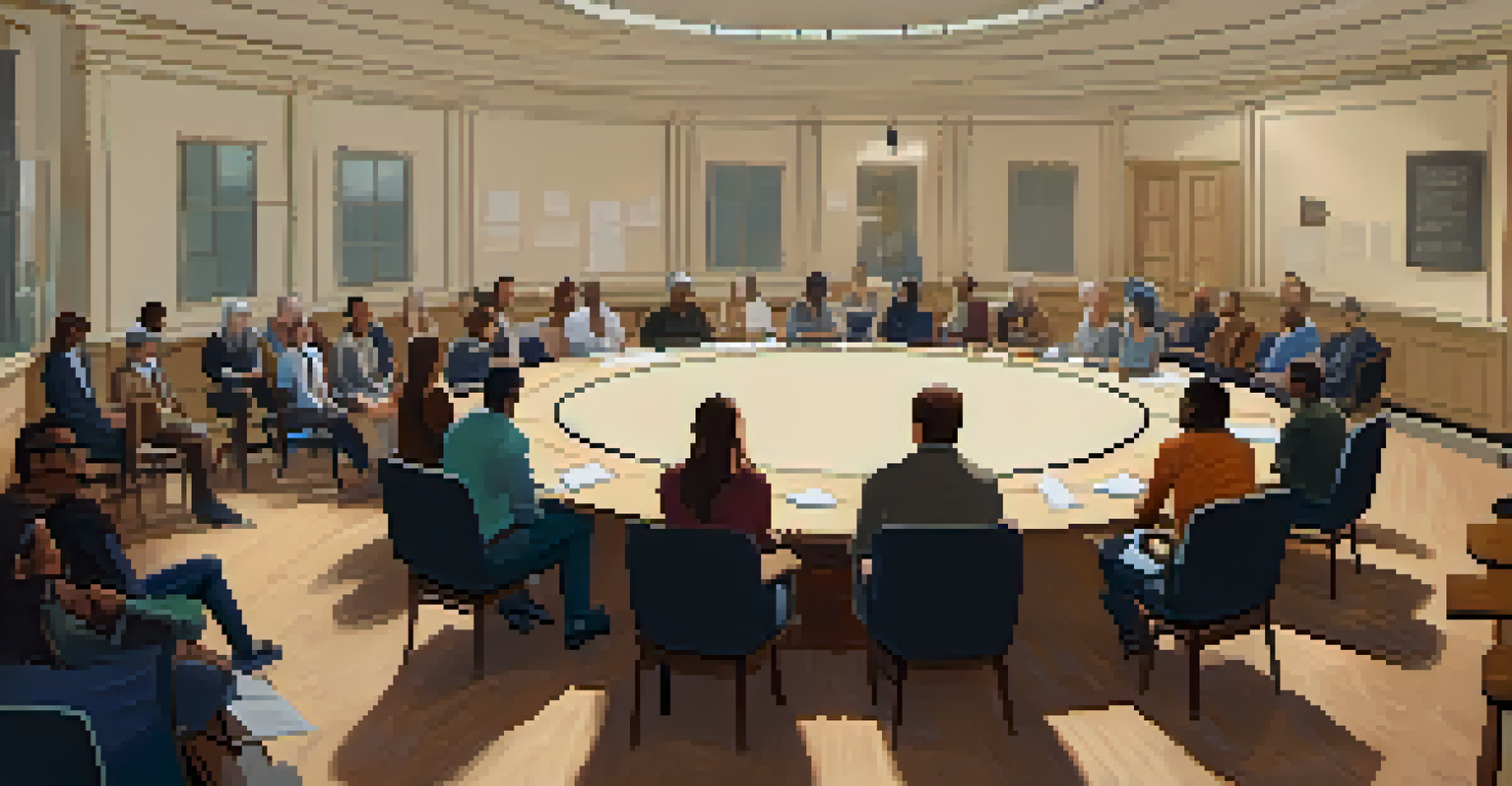 A town hall meeting with diverse participants discussing ideas in a warm, inviting setting.