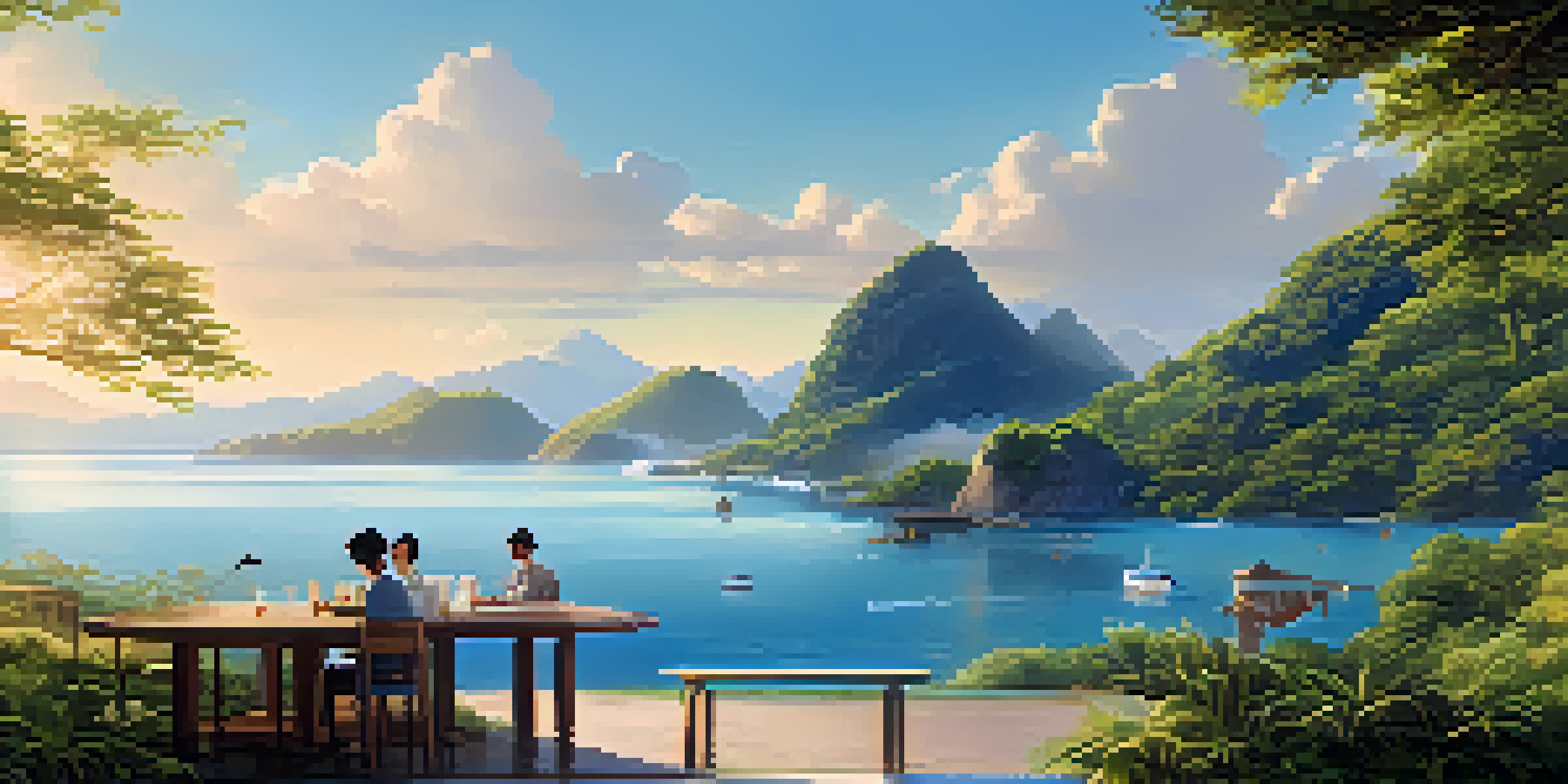 A picturesque view of two islands connected by a bridge, with people collaborating on one island and technology displays on the other.