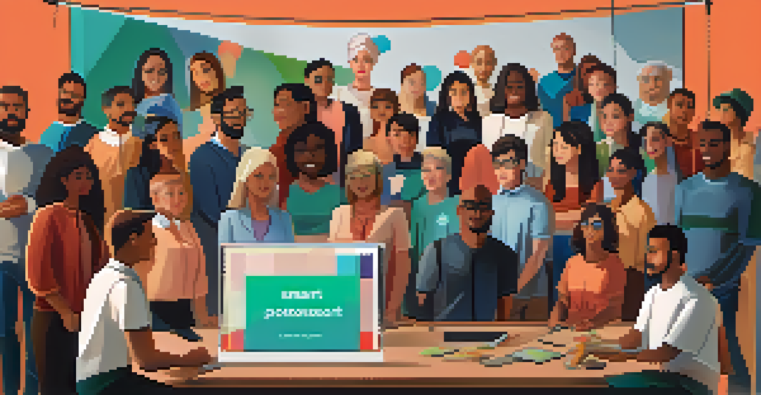 A diverse group of people watching a screen showing a smart contract with a progress bar linked to a charity project, showcasing engagement and hope.