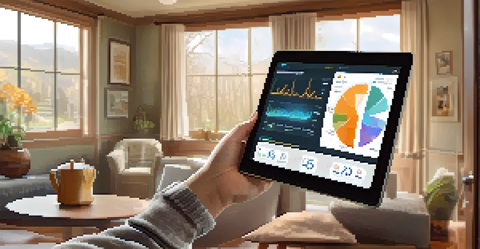 A patient at home using a tablet to track their health metrics with engaging visuals on the screen.