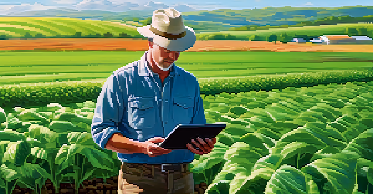 A farmer in a green field using a tablet to monitor soil conditions, with IoT sensors in the surroundings.