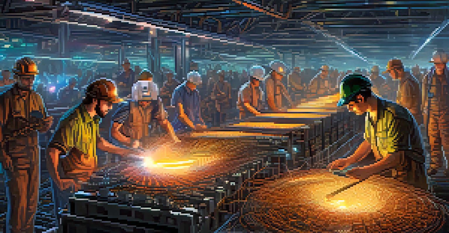 A virtual landscape of Ethereum miners working with mining rigs, featuring glowing logos and colorful lights.