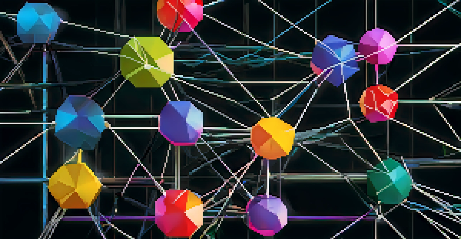 An abstract 3D representation of a blockchain network with colorful nodes and chains against a dark background.