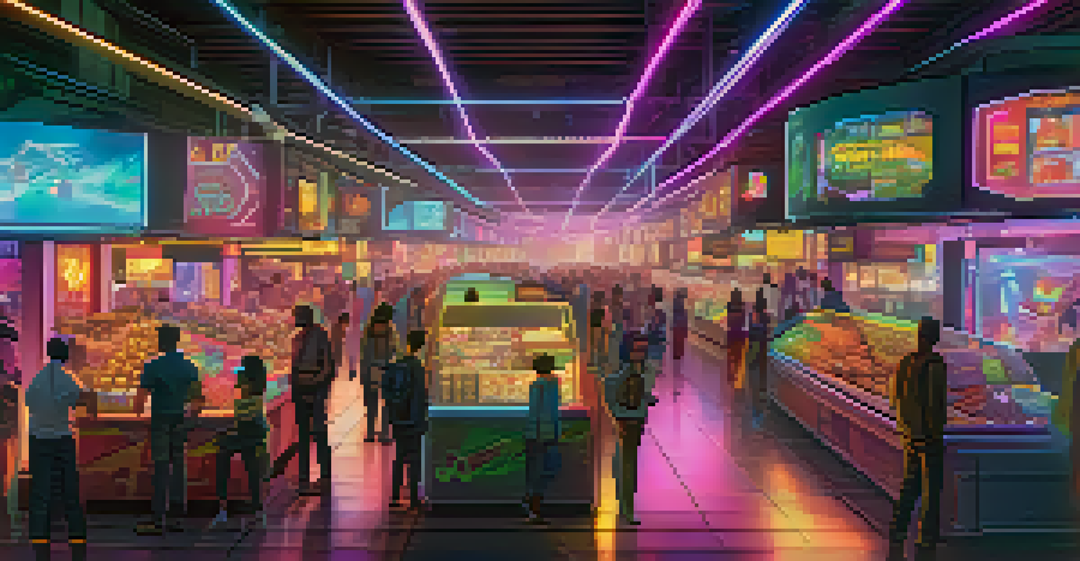 A futuristic digital marketplace with animated characters trading NFTs, featuring holographic displays and neon colors.