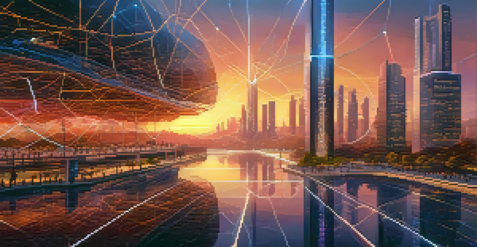 A futuristic depiction of interconnected blockchain networks as cities, with glowing pathways and a sunset backdrop.