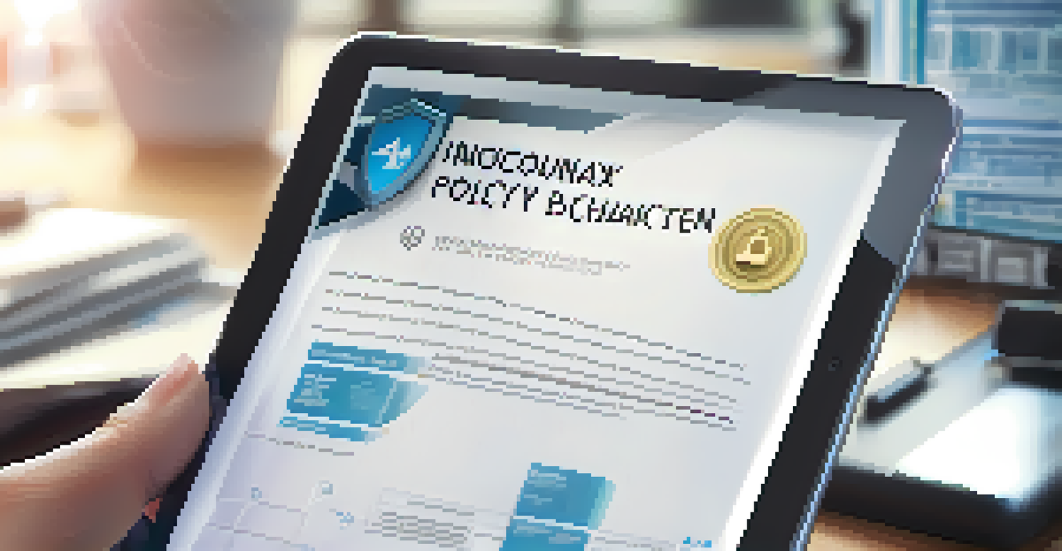 A close-up of a digital insurance policy on a tablet, with security symbols like a shield and padlock, set in a modern office background.