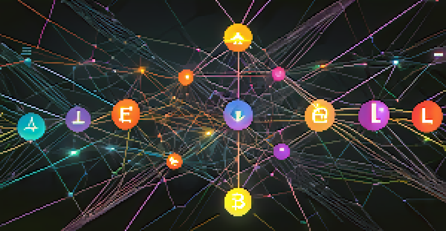 An illustration of a blockchain network with glowing nodes and connections, featuring Ethereum prominently among various cryptocurrencies.