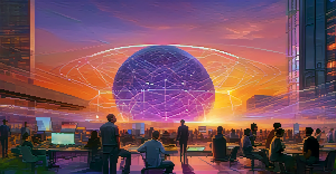 A futuristic landscape with a decentralized oracle hub, glowing data streams, and diverse individuals collaborating under a vibrant sunset.