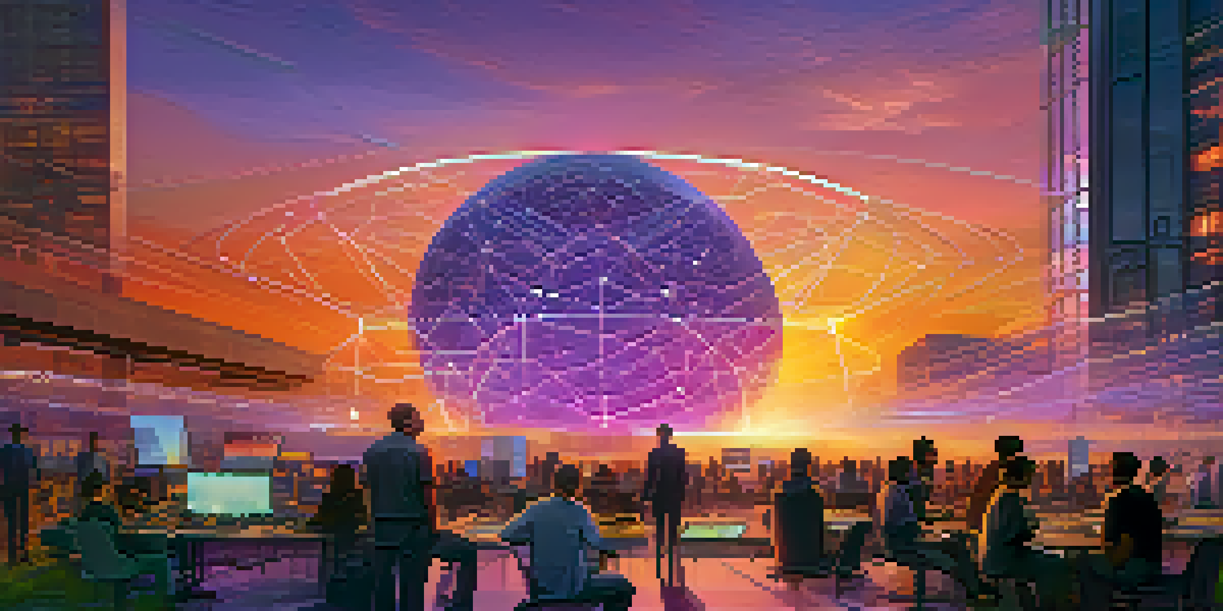 A futuristic landscape with a decentralized oracle hub, glowing data streams, and diverse individuals collaborating under a vibrant sunset.