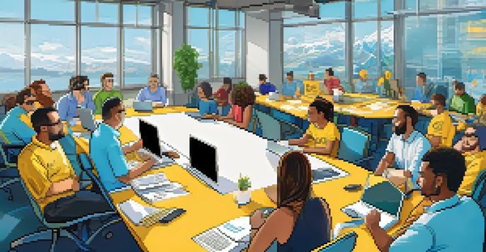 A diverse group of people at an Ethereum community event, collaborating and discussing blockchain technology in a bright conference room.