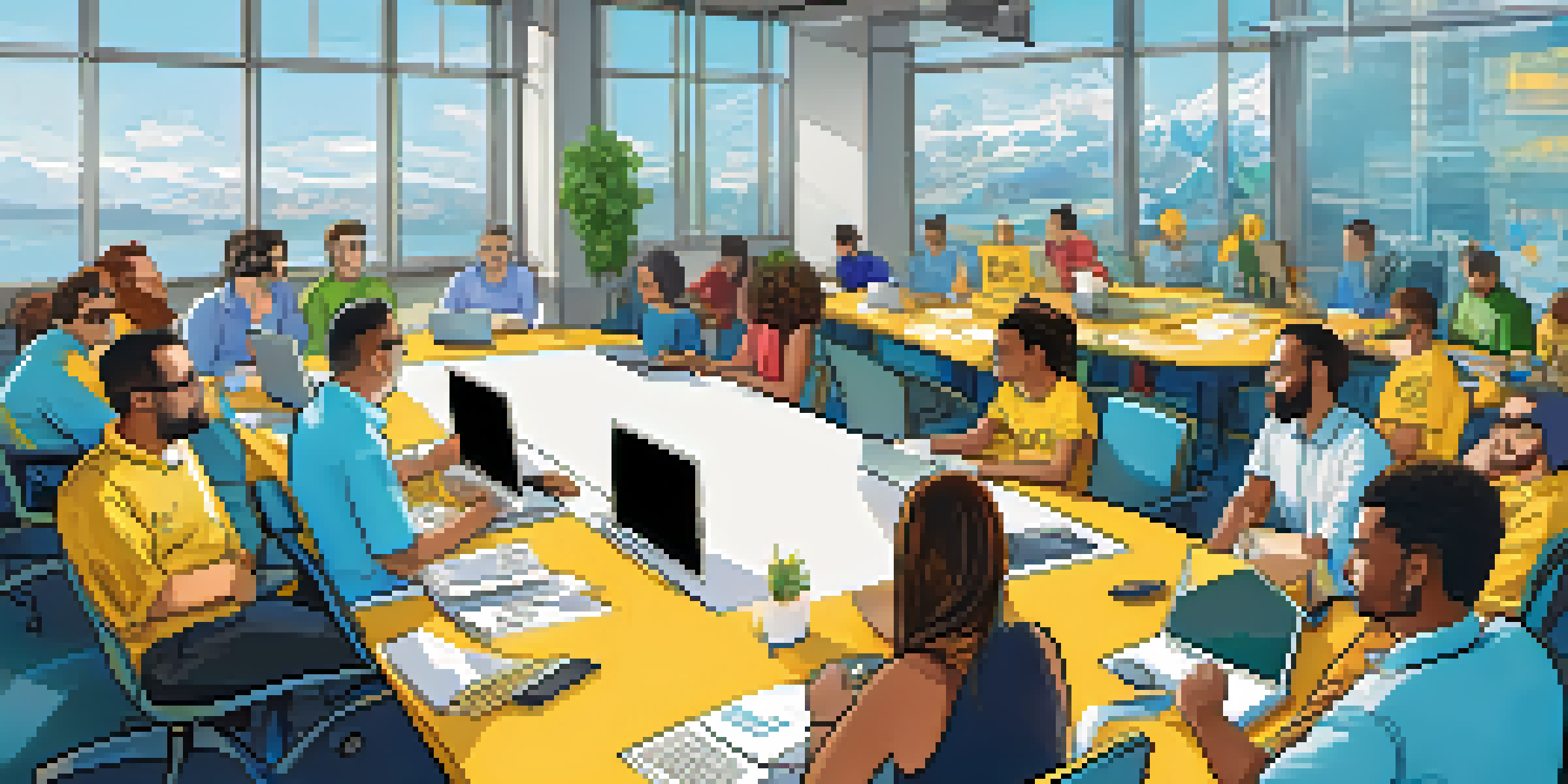 A diverse group of people at an Ethereum community event, collaborating and discussing blockchain technology in a bright conference room.