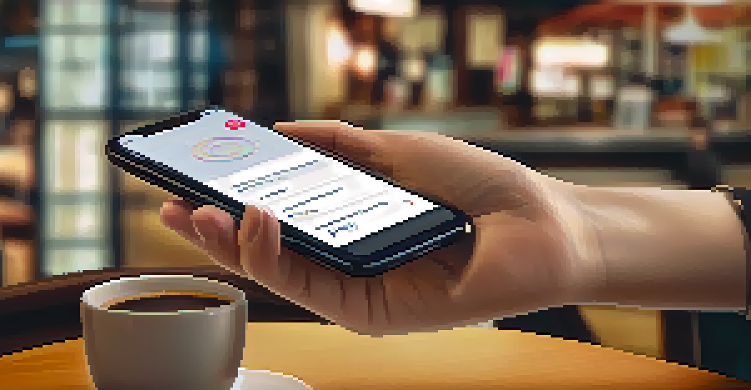 A hand using a smartphone app for smart contract management, showcasing a colorful and user-friendly interface in a coffee shop.