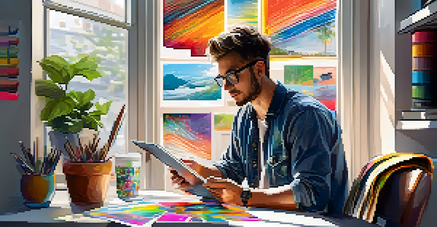 An artist working on a digital tablet in a creative workspace filled with sketches and colorful posters, illuminated by natural light.