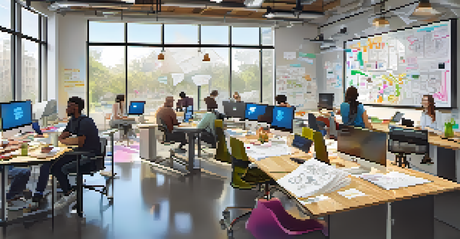 A diverse group of creators collaborating in a bright room filled with notes and digital sketches.