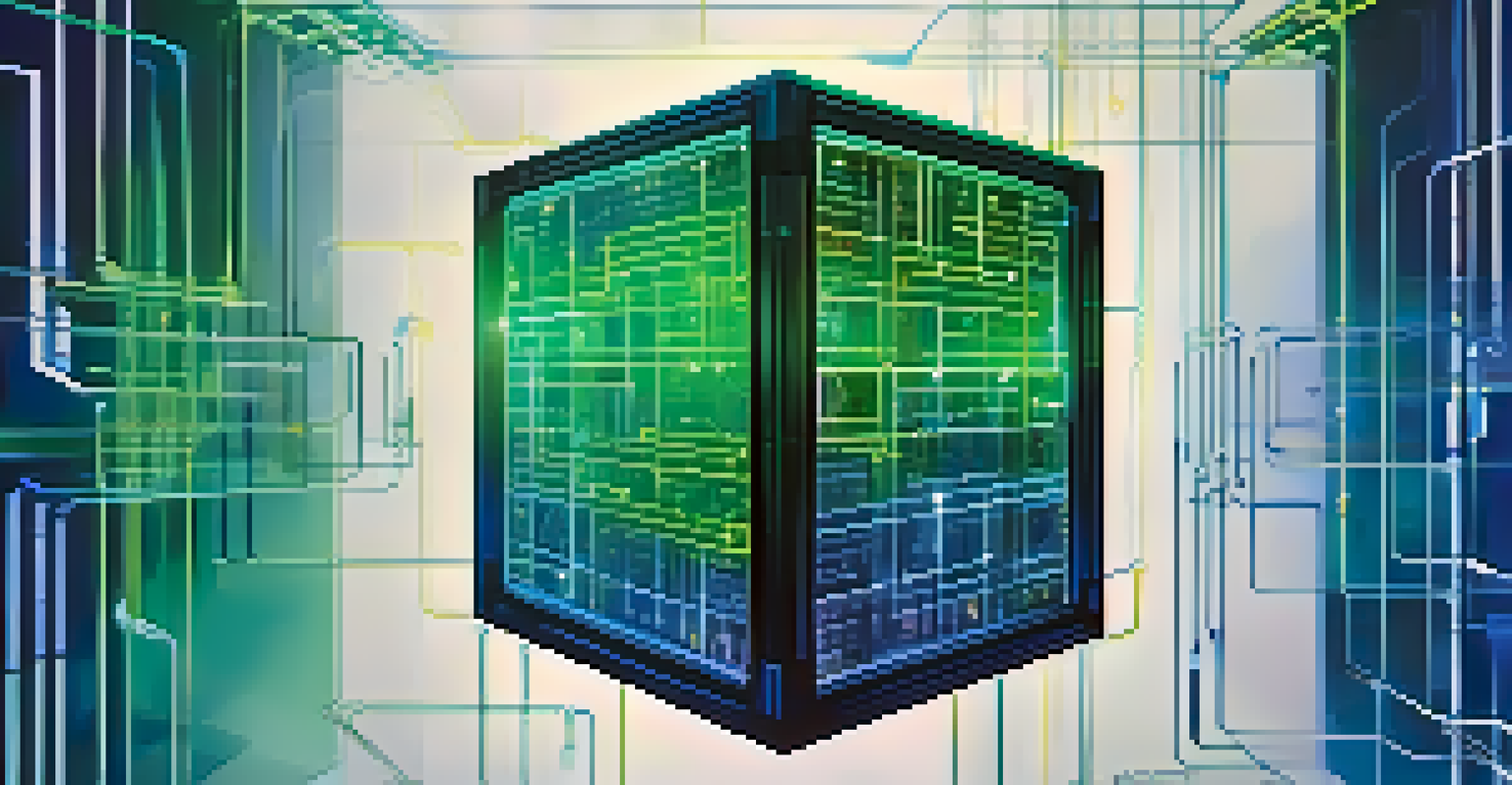 An abstract image of blockchain technology with interconnected nodes and a glowing vault, symbolizing secure data exchange.
