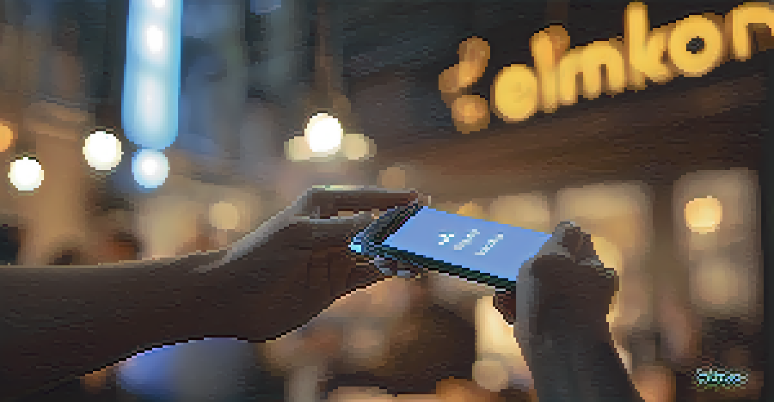 A close-up of a hand holding a smartphone showing an Ethereum Name Service name against a café background.