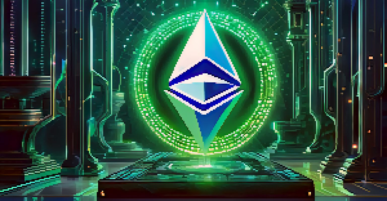 A creative representation of the Ethereum logo with glowing Ether coins, set against a blue and green gradient background.