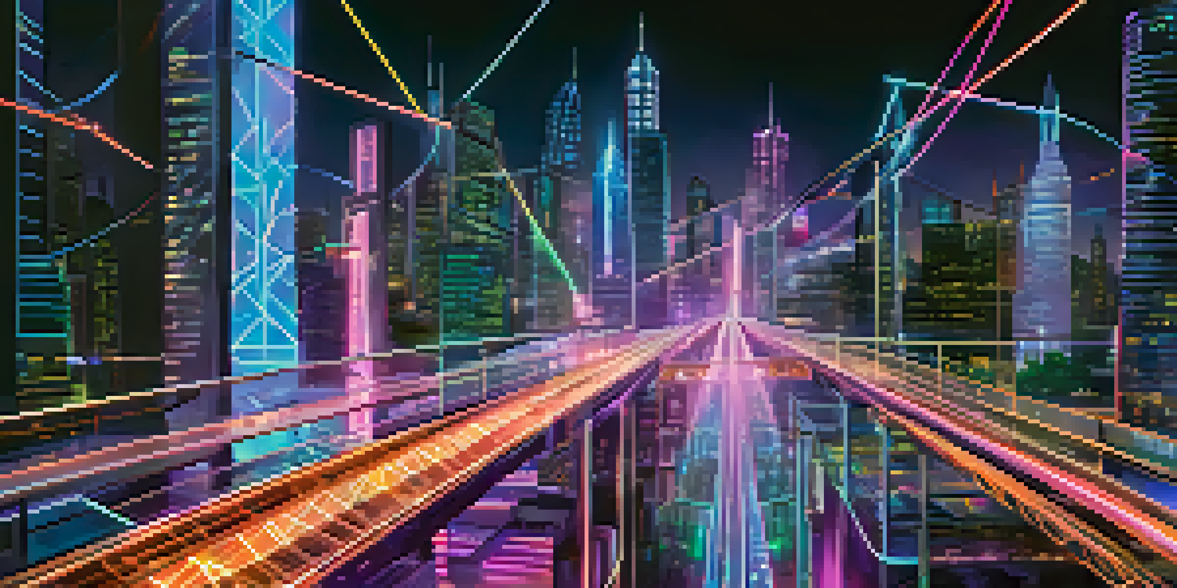A vibrant futuristic city with glowing blockchain bridges connecting tall buildings, showcasing digital assets moving across the neon-lit scene.