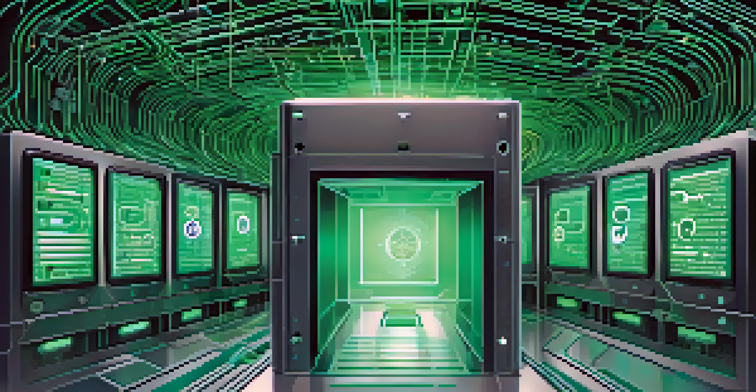 An abstract illustration of data privacy with a secure vault and interconnected computers in a digital landscape.