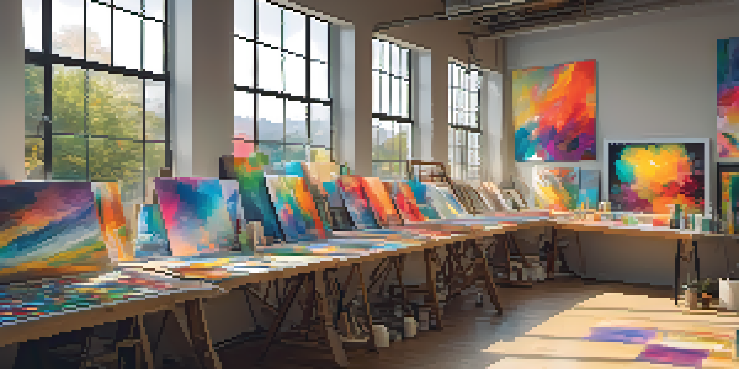 A colorful digital art studio showcasing abstract AI-generated artworks with natural light illuminating the space.