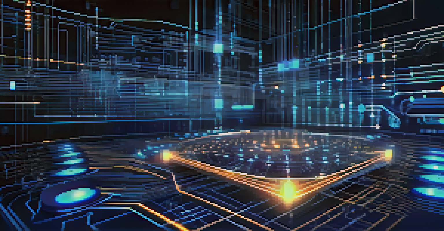 An abstract representation of smart contracts with a digital ledger, code, and glowing circuits in a high-tech environment.