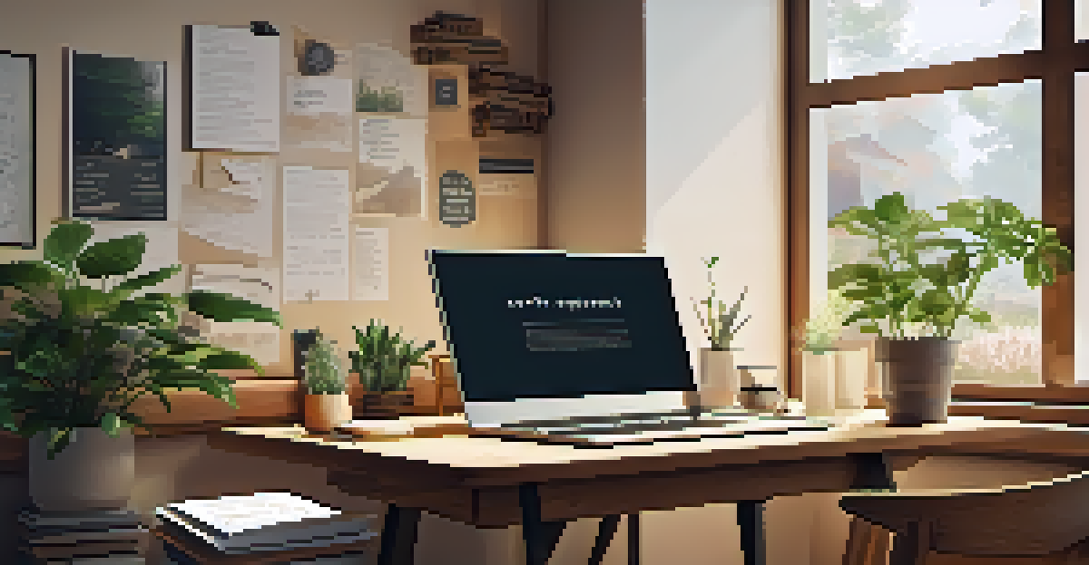 A cozy workspace with a wooden desk, an open laptop, plants, and a steaming cup of coffee, illuminated by warm, natural light.