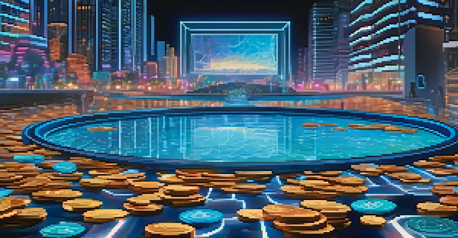 A digital landscape illustrating liquidity pools with a flowing blue pool filled with shiny cryptocurrency tokens in a futuristic environment.
