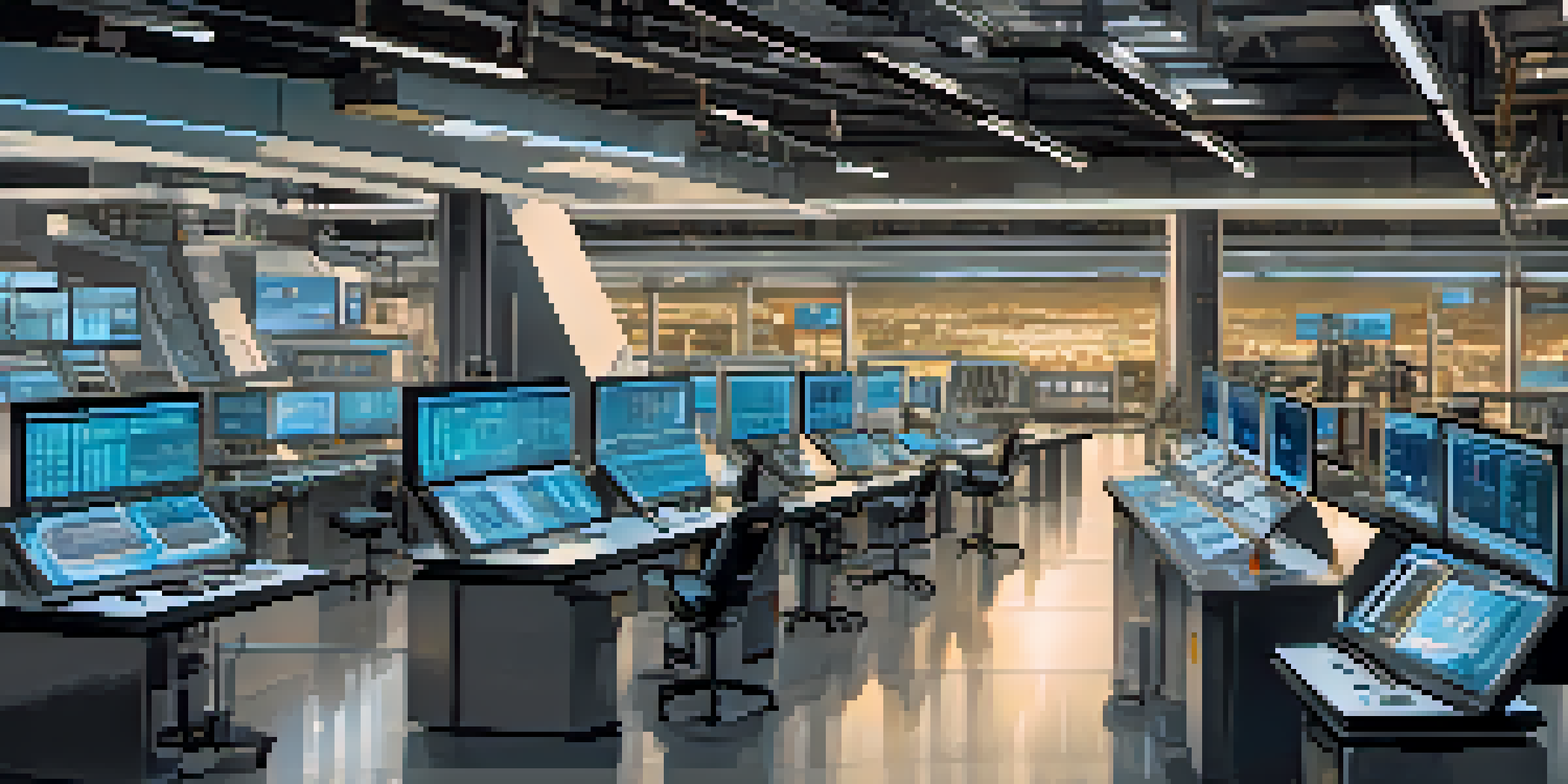 A high-tech control room in a manufacturing facility with screens showing real-time machinery data.