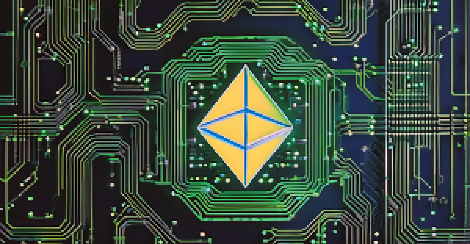A digital representation of an Ethereum validator node with circuit patterns and glowing symbols.