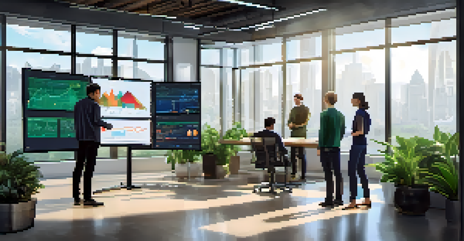 A diverse team of developers working together around a touchscreen with predictive analytics graphs in a modern office.