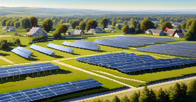 Aerial view of a solar panel farm and a neighborhood with solar roofs, surrounded by greenery.