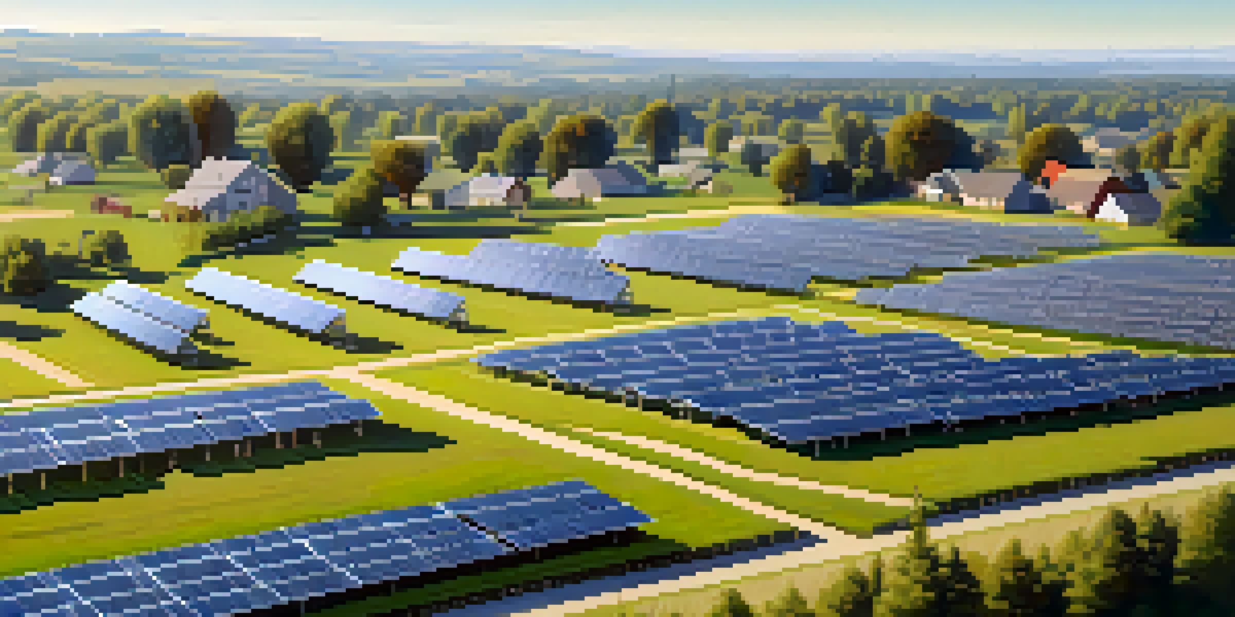 Aerial view of a solar panel farm and a neighborhood with solar roofs, surrounded by greenery.