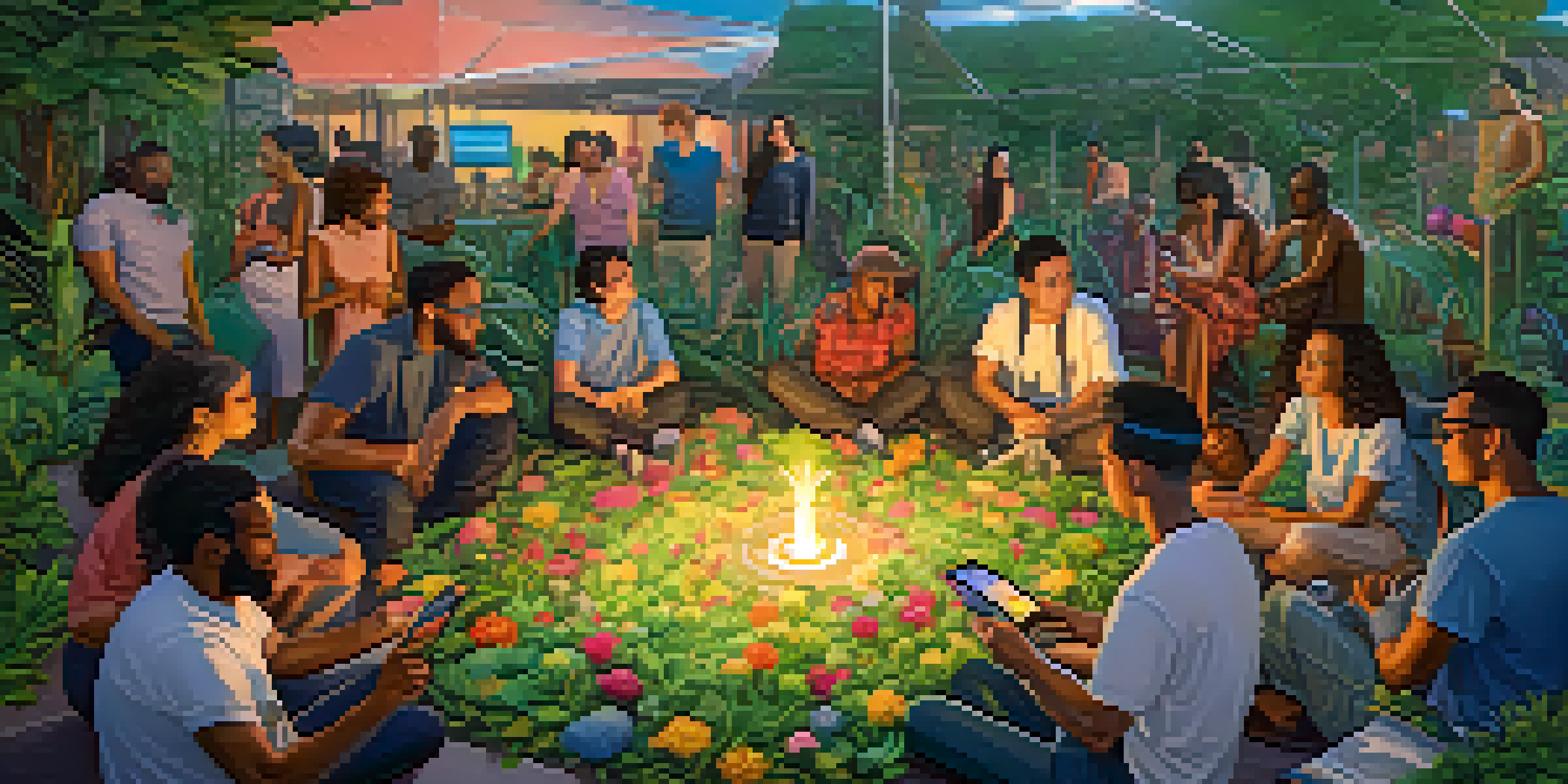 A diverse group of people discussing in a colorful digital landscape, representing a decentralized social media environment.