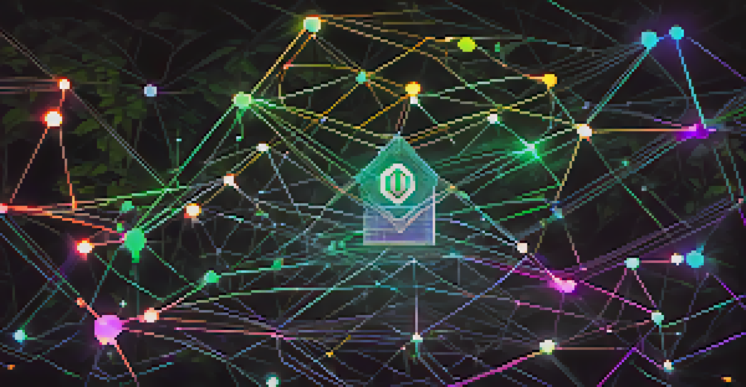 A digital visualization of the Ethereum blockchain with glowing nodes and a central sustainability icon surrounded by green leaves.
