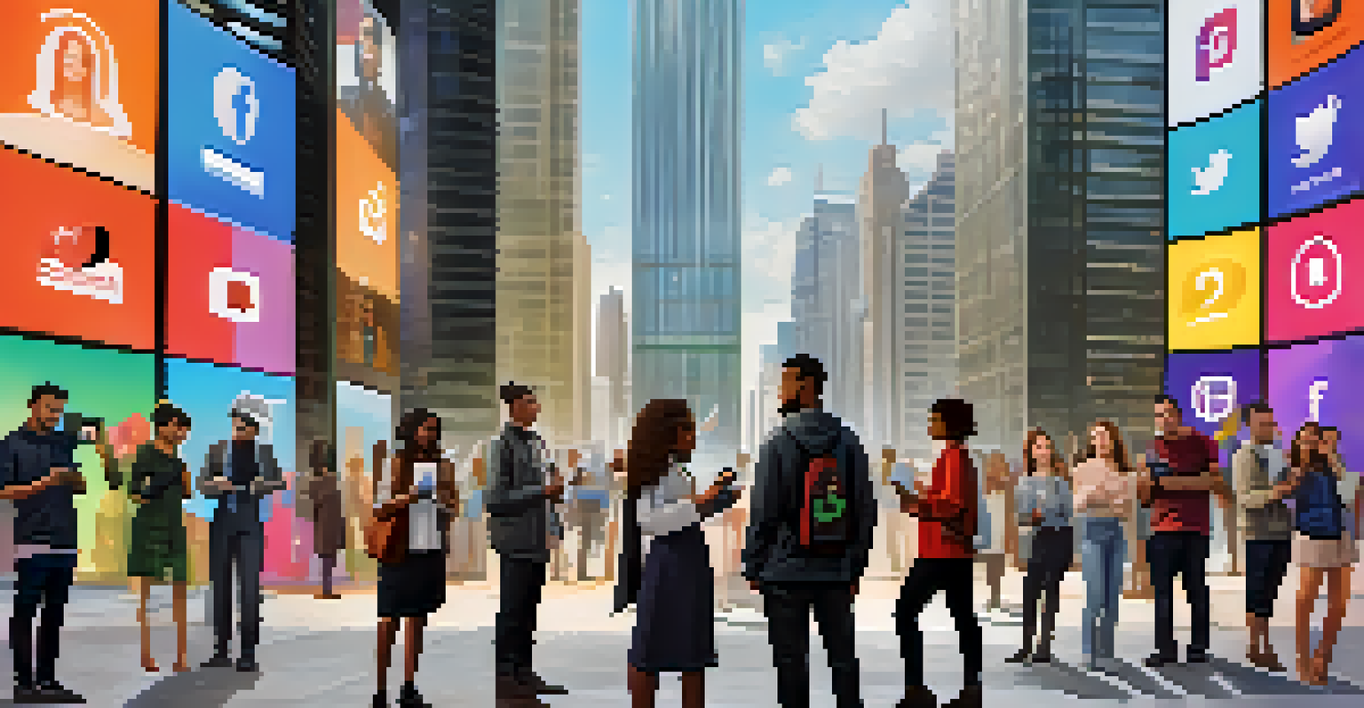 A diverse group of people in an urban setting, standing in front of a digital screen with social media and privacy icons.