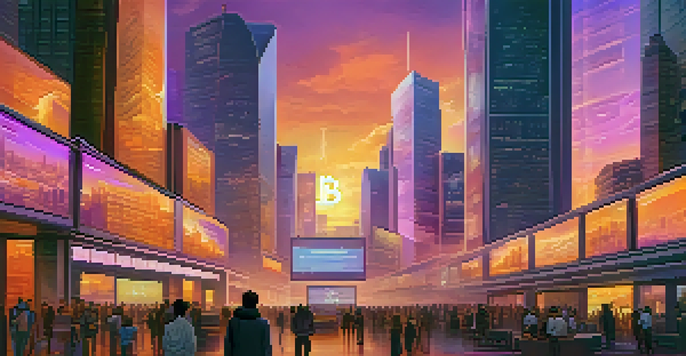 A vibrant city skyline at sunset featuring traditional banks and modern digital currency exchanges, with people engaging with digital screens displaying cryptocurrencies.