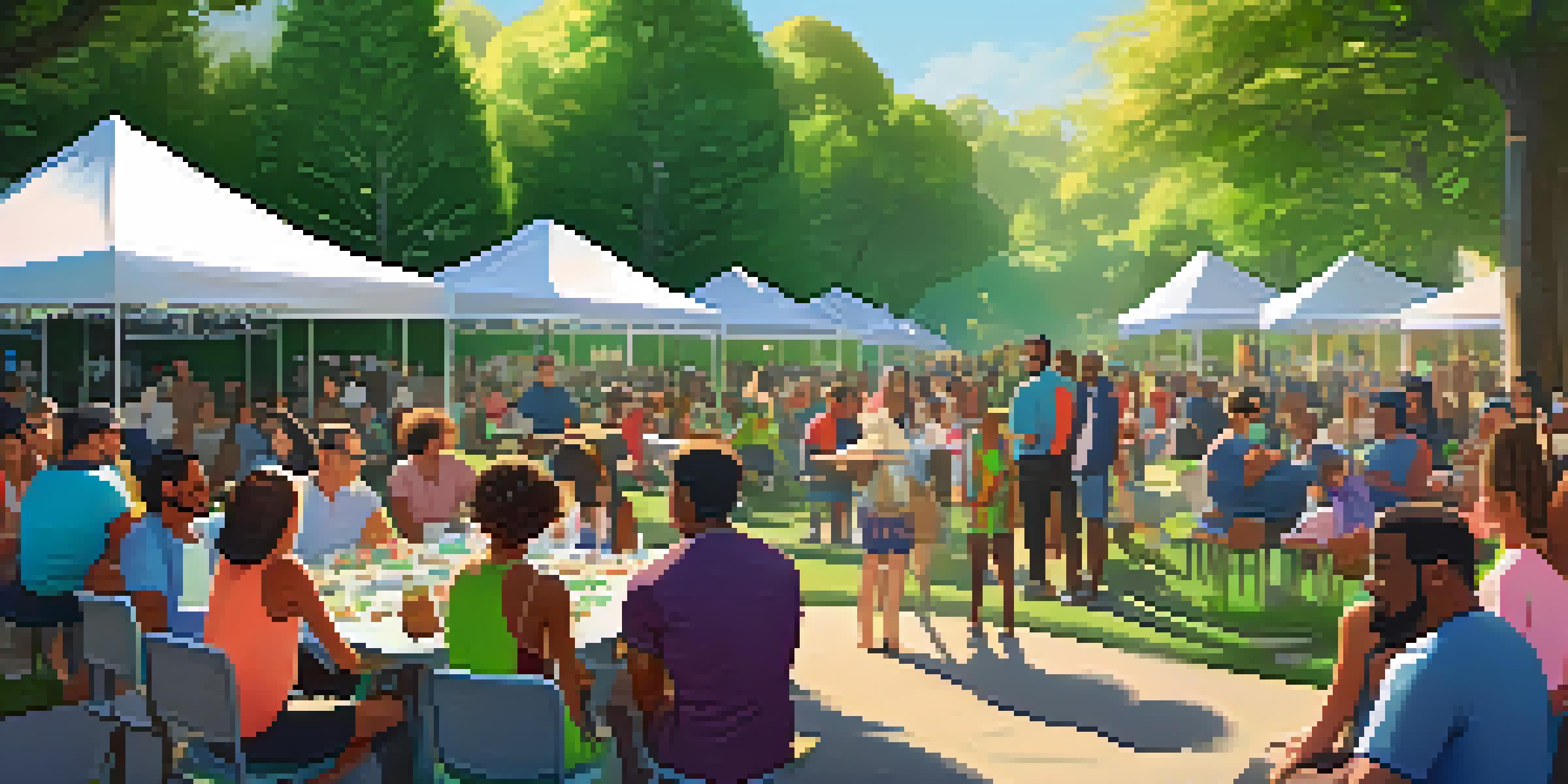 A community gathering in a park with diverse individuals discussing decentralized insurance, surrounded by greenery and colorful banners.