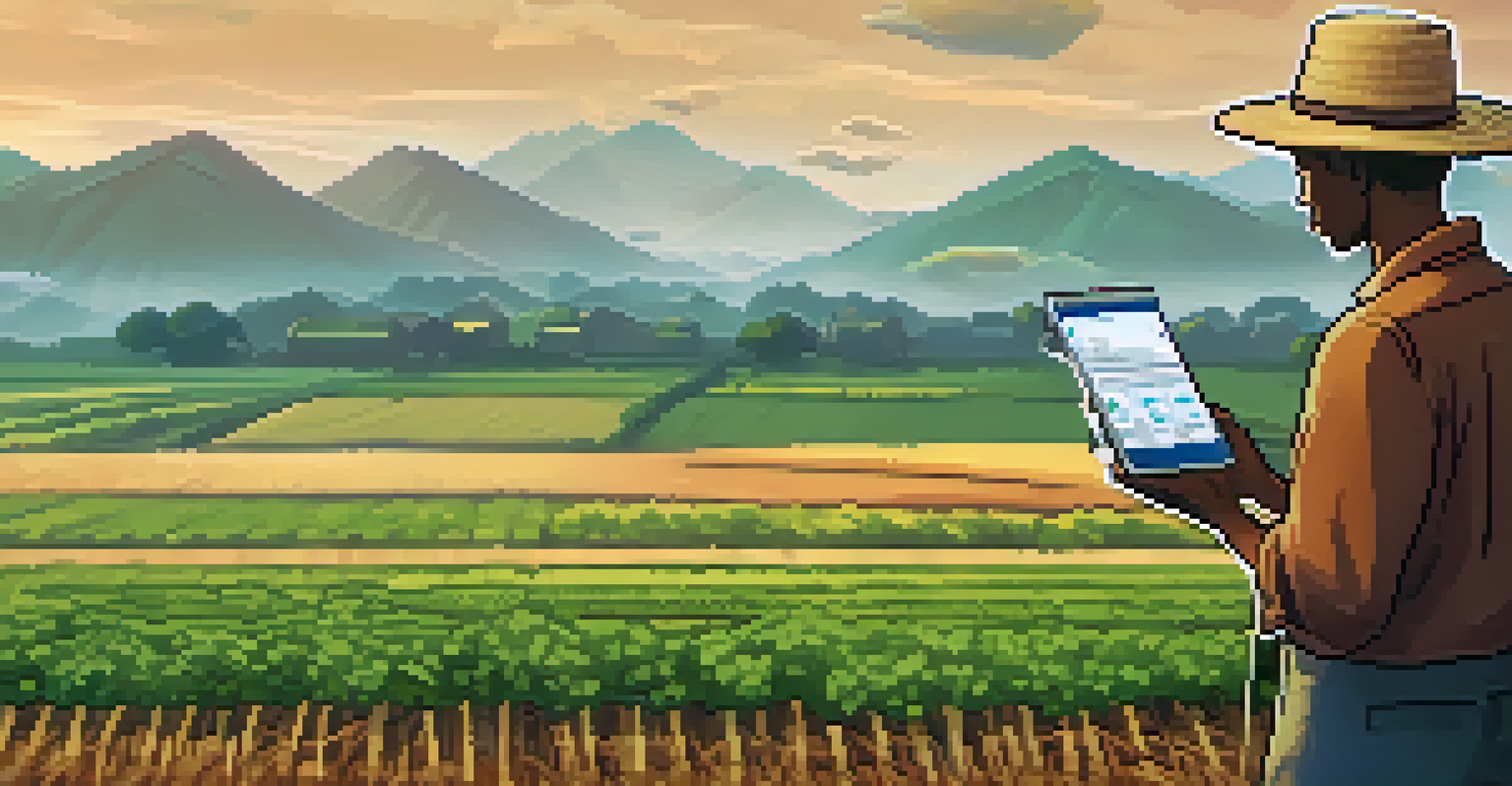 A farmer in a field using a digital device, with weather data and blockchain symbols overhead, representing smart contract insurance.