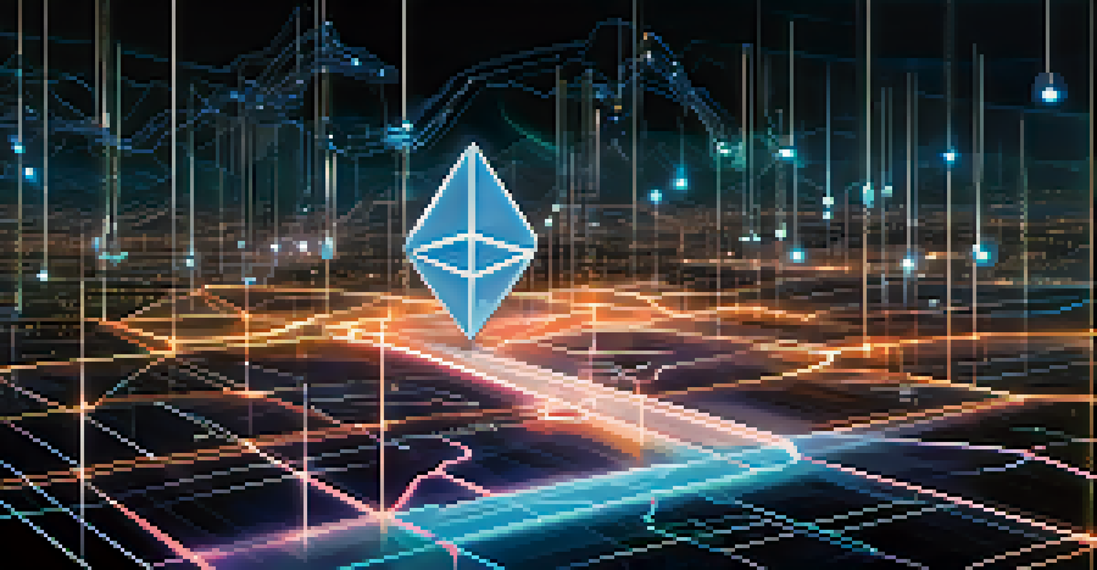 An abstract depiction of Ethereum's blockchain with glowing nodes and smart contract symbols in a digital landscape.