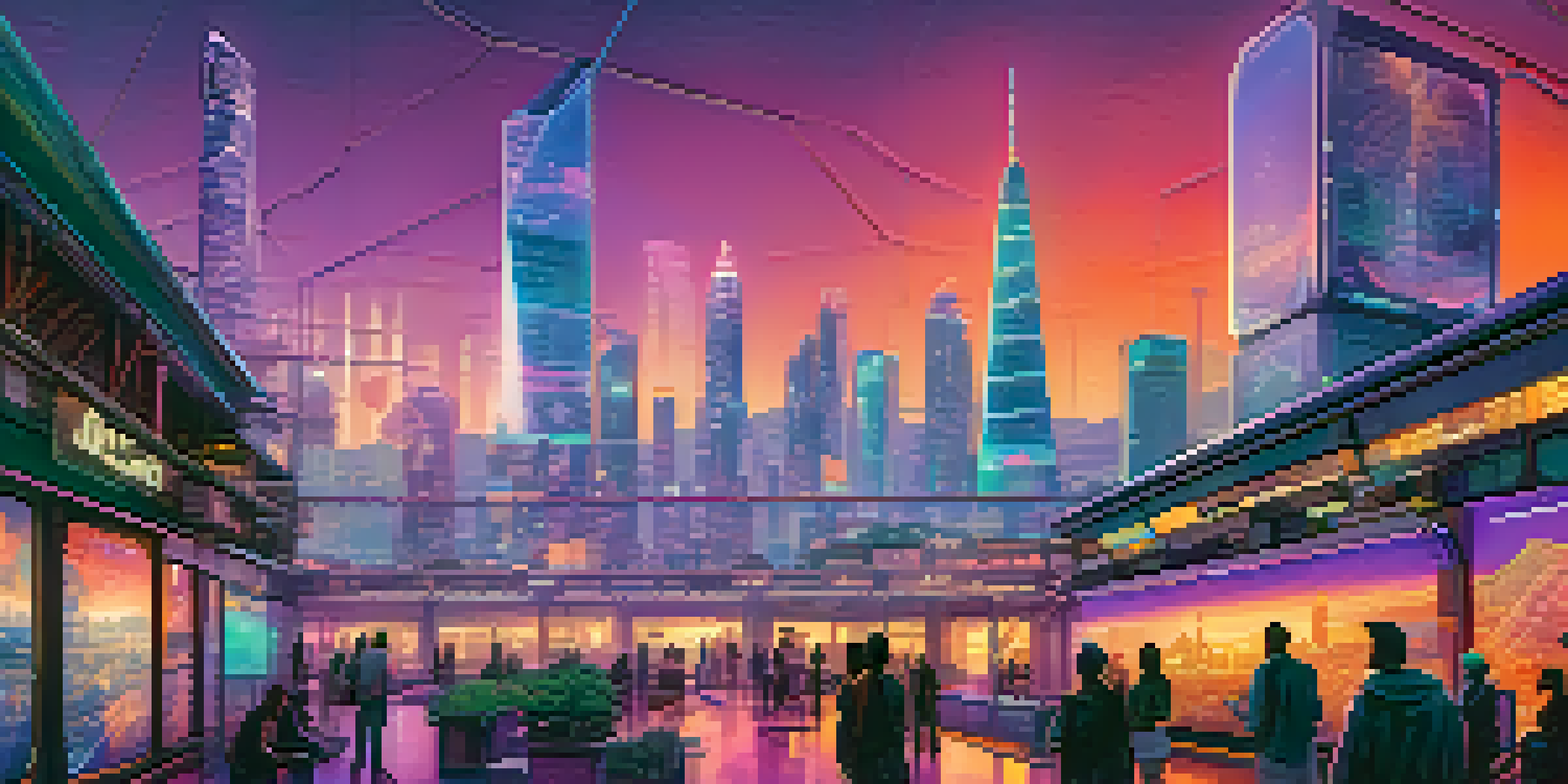 A futuristic city skyline at dusk with skyscrapers and digital billboards, people interacting with holographic interfaces.