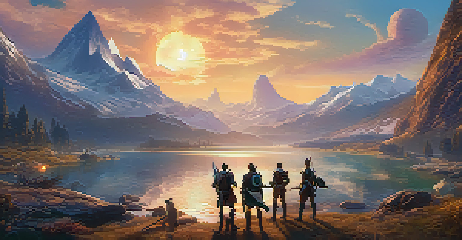 A team of players collaborating in a vibrant virtual landscape, showcasing unique NFTs, under a golden sunset.