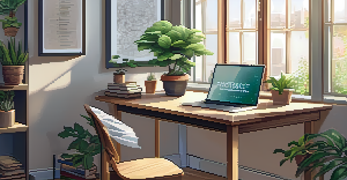 A cozy workspace with a wooden desk, an open laptop displaying a blockchain interface, sketches of designs, and soft natural light illuminating the room.