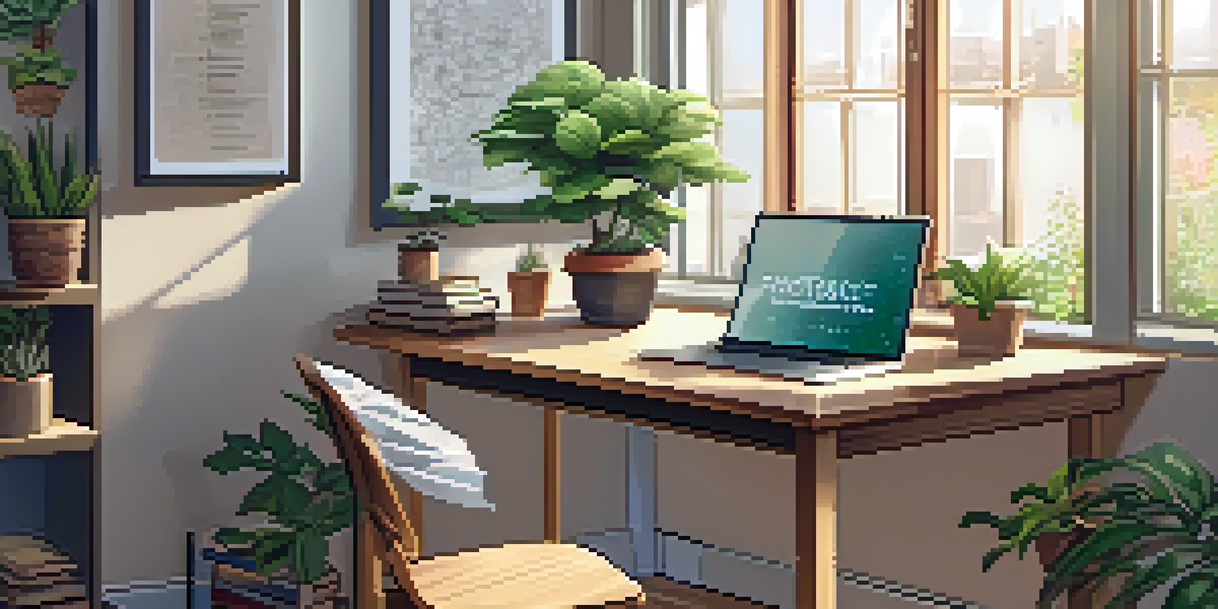 A cozy workspace with a wooden desk, an open laptop displaying a blockchain interface, sketches of designs, and soft natural light illuminating the room.
