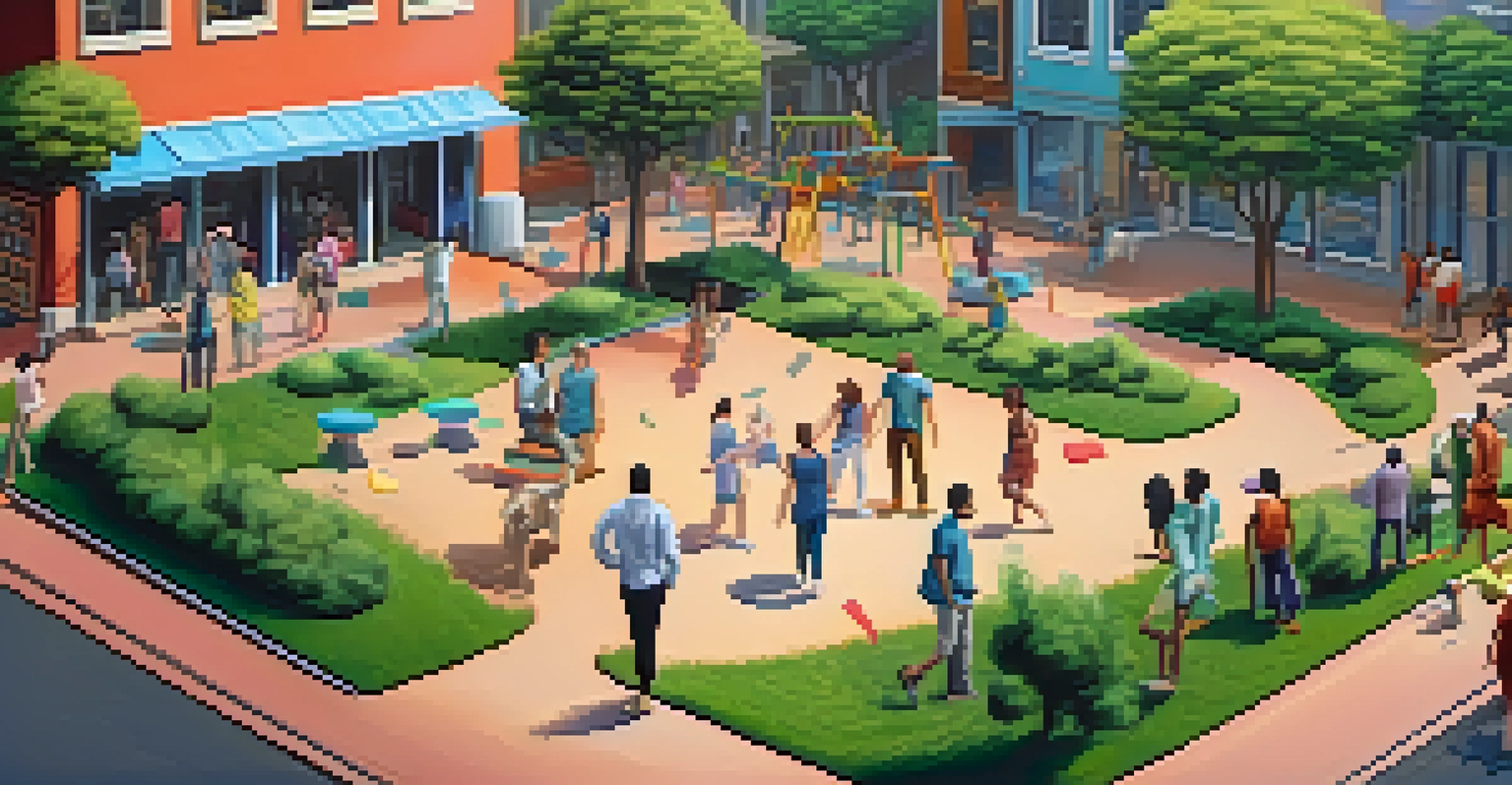 A colorful playground scene representing decentralized finance, with people engaged in lending and trading activities, symbolizing inclusivity and access to finance.