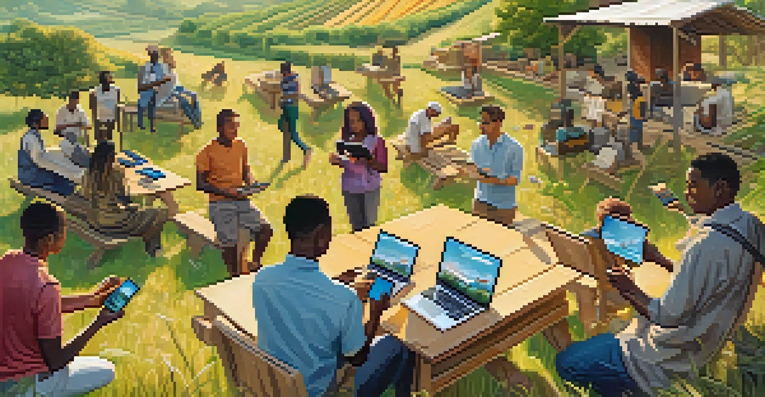 A diverse group of people using digital devices in a rural area, surrounded by symbols of decentralized finance, under a sunny sky.